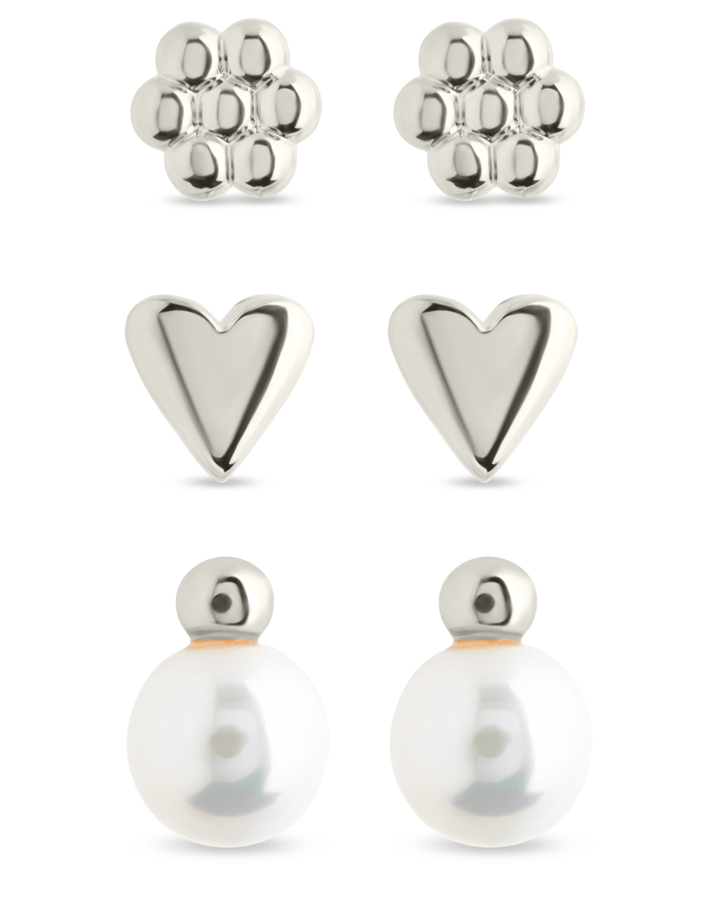 Sterling Silver Irene Pearl, Flower, & Heart Stud Earring Set of 3